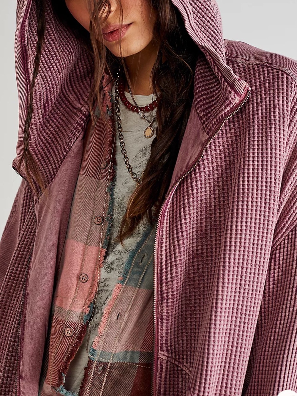 Free People Ash Rose Smoke Waffle-Knit Zip Hoodie